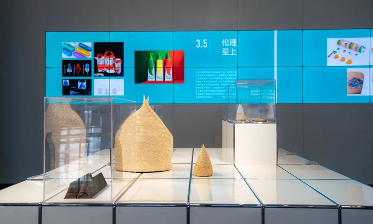 Inside the venue of the <em>Cultural Industry Empowers Rural Revitalization</em> - <em>Cross-Strait Youth Creative Design Exhibition</em>, which is held from March 3 to 31, 2023 in Southwest China's Chongqing Municipality, a youth exhibition featuring creative and industrial manufacturing designs by artists from both the Chinese mainland and Taiwan. Photo: Courtesy of China Friendship Association of Cultural Circles