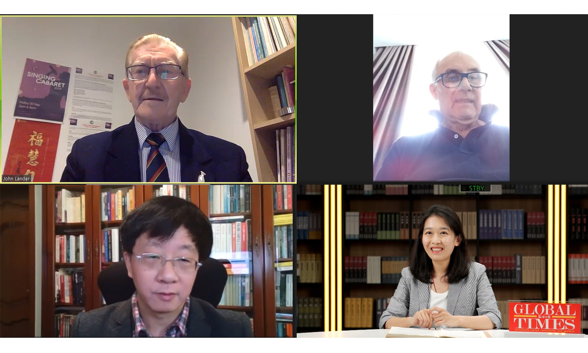 Former Australian diplomats John Lander （top left), Bruce Haigh (top right), Chen Hong (bottom-left), president of the Chinese Association of Australian Studies and director of the Australian Studies Centre at East China Normal University, discuss about China-Australia relations during Global Minds Roundtable on March 6.