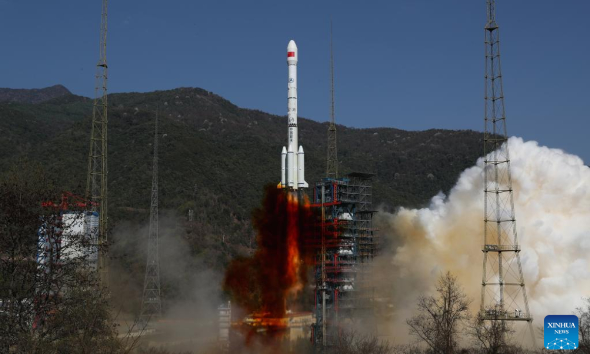 A Long March-3B carrier rocket carrying the Gaofen-13 02, a new Earth observation satellite, blasts off from the Xichang Satellite Launch Center in southwest China's Sichuan Province, on March 17, 2023. Photo:Xinhua