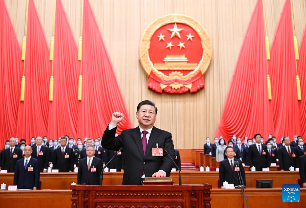 Xi Jinping, newly elected president of the People's Republic of China (PRC) and chairman of the Central Military Commission of the PRC, makes a public pledge of allegiance to the Constitution at the Great Hall of the People in Beijing, capital of China, March 10, 2023. Photo:Xinhua