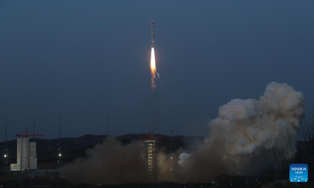 A Long March-4C carrier rocket carrying the twin satellites, Tianhui-6 A and Tianhui-6 B, blasts off from the Taiyuan Satellite Launch Center in northern China's Shanxi Province on March 10, 2023. Photo:Xinhua