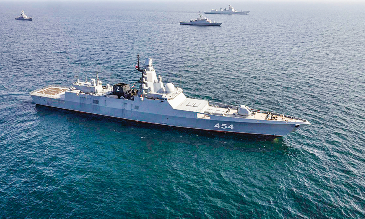 A handout picture provided by the Iranian Army office on March 17, 2023, shows warships during a joint military drill between China, Iran and Russia in the Gulf of Oman. Armed forces of the three countries' navies are holding the Security Belt-2023 joint maritime military exercise from March 15 to 19. Photo: VCG