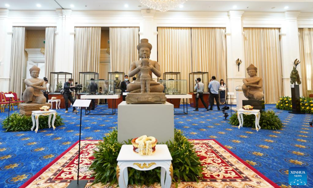 Khmer ancient statues are on display at the Peace Palace in Phnom Penh, Cambodia, March 17, 2023. Cambodia on Friday celebrated the return of hundreds of looted Khmer antiquities and ancient jewels to the Southeast Asian nation from abroad. Photo:Xinhua