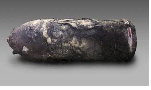 A 210-millimeter shell from the ship wreckage named Jing Yuan sunk in the First Sino-Japanese War (1894-95) during the Qing Dynasty (1644-1911) off the coast of Weihai, East China's Shandong Province, reported China's Central Television on March 4, 2023. Photo: Screenshot from online