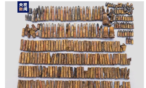Ammunition from the ship wreckage named Jing Yuan sunk in the First Sino-Japanese War (1894-95) during the Qing Dynasty (1644-1911) off the coast of Weihai, East China's Shandong Province, reported China's Central Television on March 4, 2023. Photo: Screenshot from online