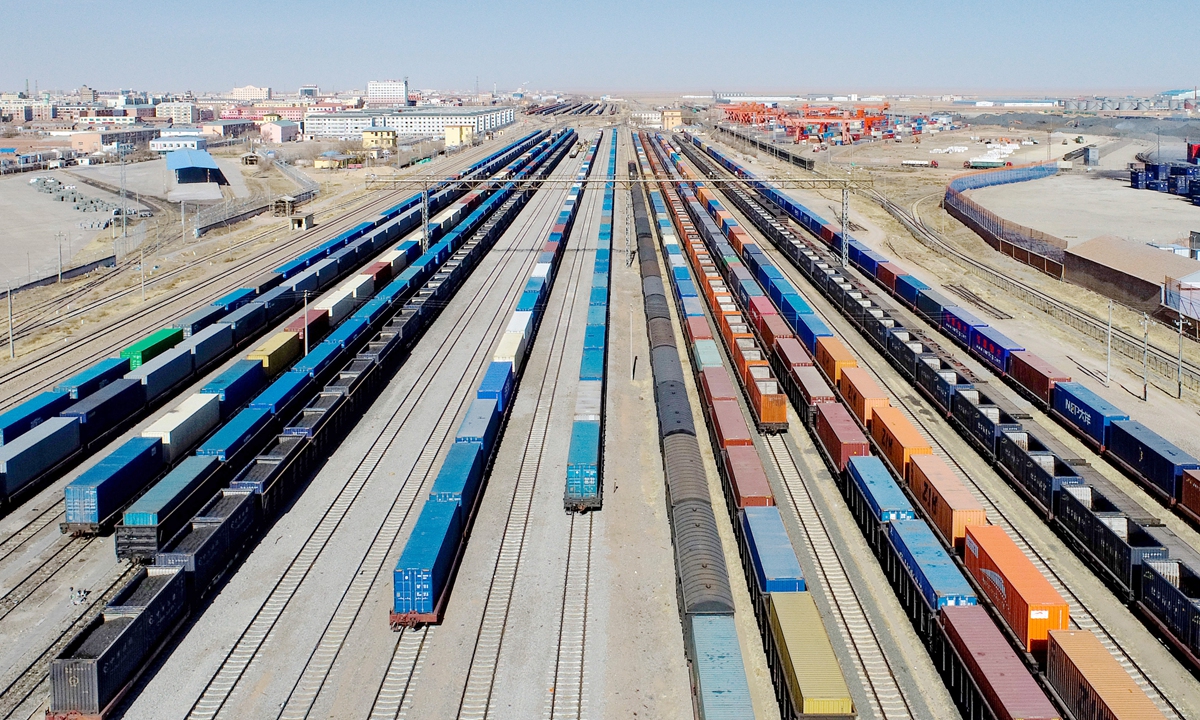 China-Europe freight trains wait for departure on March 8, 2023 at Erenhot Port in north China's Inner Mongolia Autonomous Region. Photo: VCG
