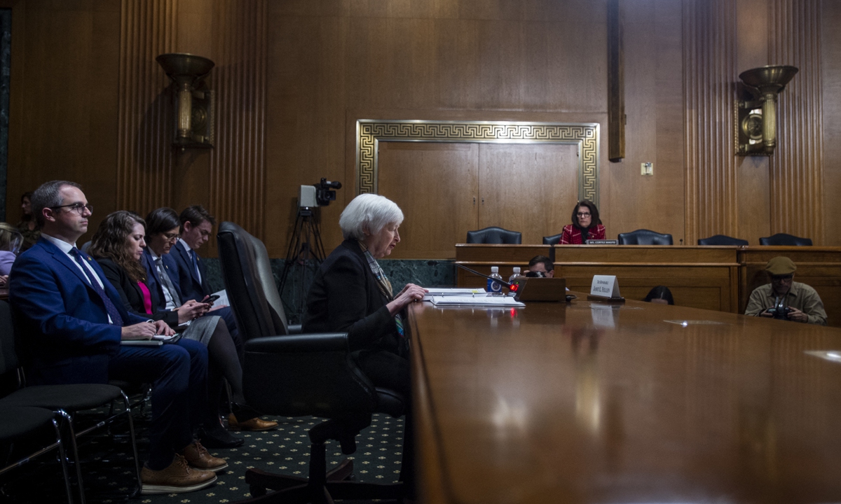 US Secretary of the Treasury Janet Yellen appears before a Senate hearing to examine the president's proposed budget request for fiscal year 2024 in Washington, DC, on local time March 16, 2023. Yellen claimed the US banking system 