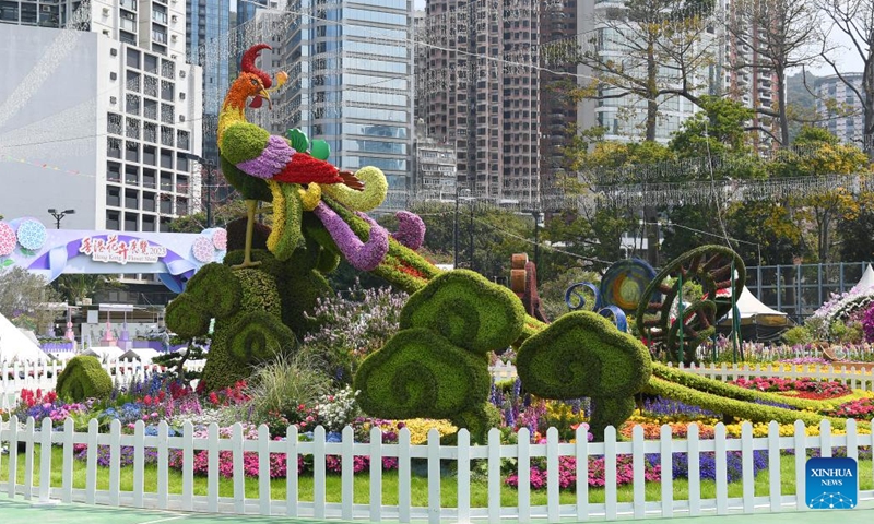 This photo taken on March 9, 2023 shows flower beds for the upcoming Hong Kong Flower Show 2023 at Victoria Park in south China's Hong Kong. The flower show will be held from March 10 to 19.(Photo: Xinhua)