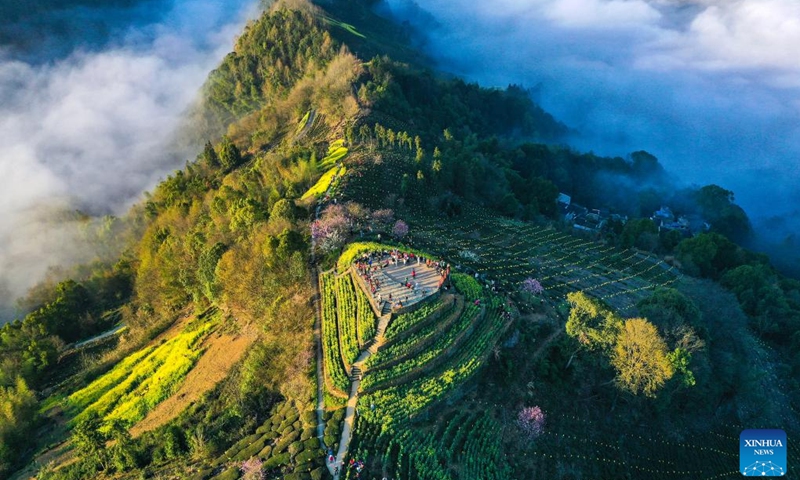 This aerial photo taken on March 14, 2023 shows the scenery of a sea of clouds at Shitan Village in Shexian County of Huangshan City, east China's Anhui Province.(Photo: Xinhua)