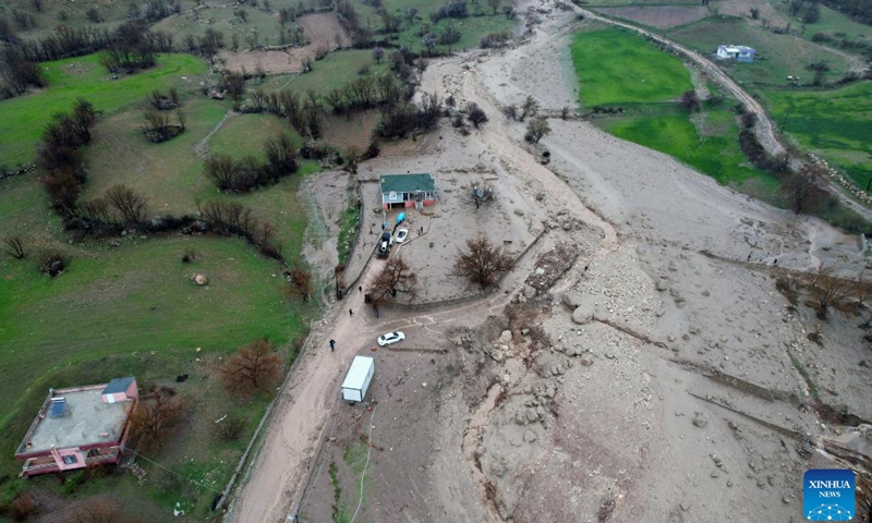 Aerial photo taken on March 15, 2023 shows a flood-hit area in the town of Tut, Adiyaman province, Türkiye. At least five people were killed, and five others went missing in floods that hit Türkiye's southern provinces on Wednesday, as the region is still struggling to recover from the effects of massive earthquakes in early February.(Photo: Xinhua)