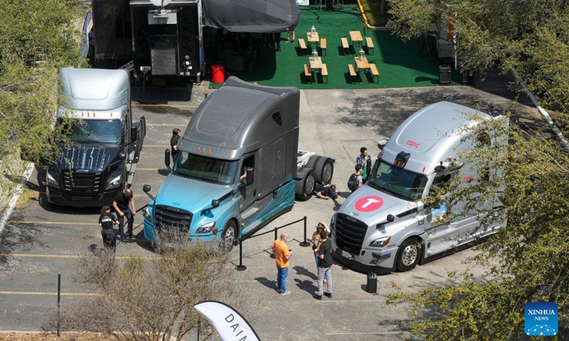 Electric and autonomous trucks are on display at South by Southwest Conference and Festivals in Austin, Texas, the United States, on March 11, 2023. In a style like a colorful kaleidoscope with patterns changing at every twist, South by Southwest (SXSW), a conglomerate of film, interactive media, music festivals and conferences, is held in Austin from March 10 to March 19.(Photo: Xinhua)