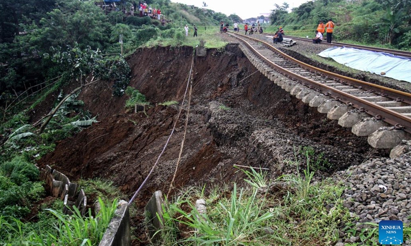 A railway affected by landslide is seen in Bogor, West Java, Indonesia, March 15, 2023.(Photo: Xinhua)