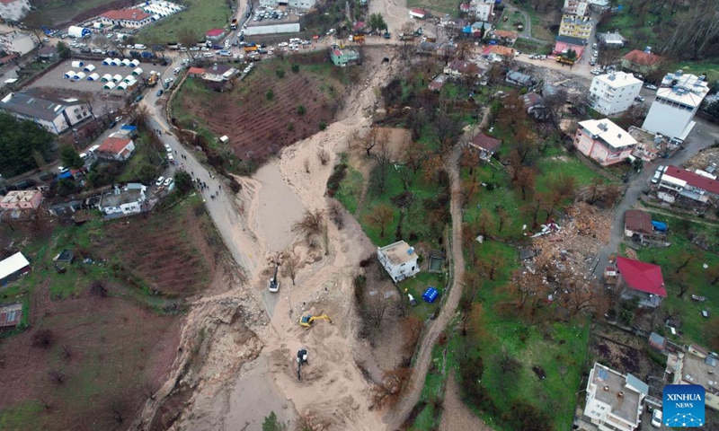 Aerial photo taken on March 15, 2023 shows a flood-hit area in the town of Tut, Adiyaman province, Türkiye. At least five people were killed, and five others went missing in floods that hit Türkiye's southern provinces on Wednesday, as the region is still struggling to recover from the effects of massive earthquakes in early February.(Photo: Xinhua)
