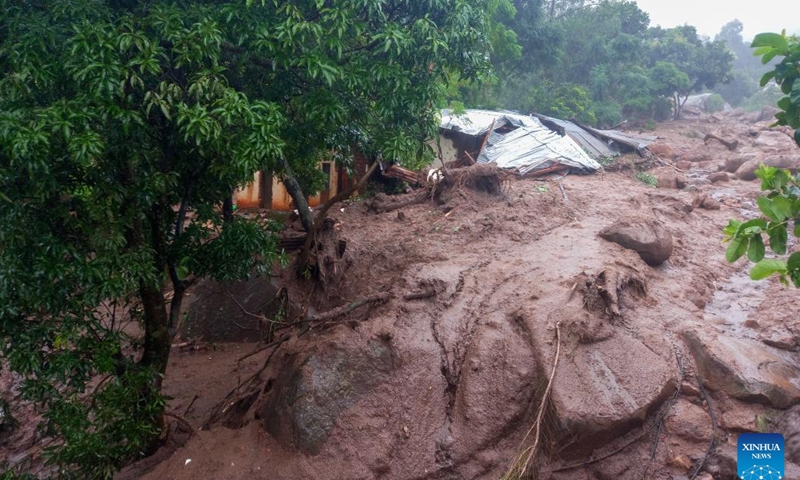 Photo taken on March 13, 2023 shows a house damaged by Tropical Cyclone Freddy in Chilobwe, Blantyre, Malawi. The death toll from Tropical Cyclone Freddy in Malawi reached 99 Monday evening with 85 deaths recorded in the commercial city of Blantyre alone, authorities have confirmed.(Photo: Xinhua)
