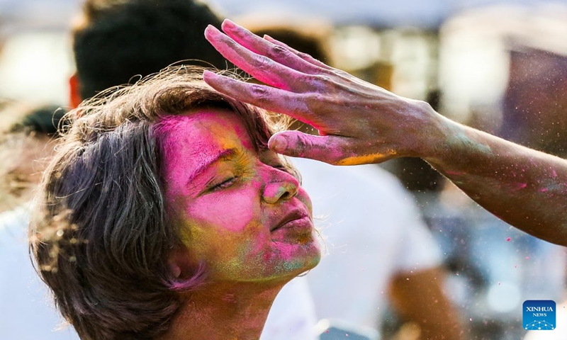 A woman takes part in the celebration during the Holi Festival in Pasay City, the Philippines, March 11, 2023. The Hindu festival Holi, also known as the Festival of Colors, is celebrated by Hindu residents around the world. (Photo:Xinhua)