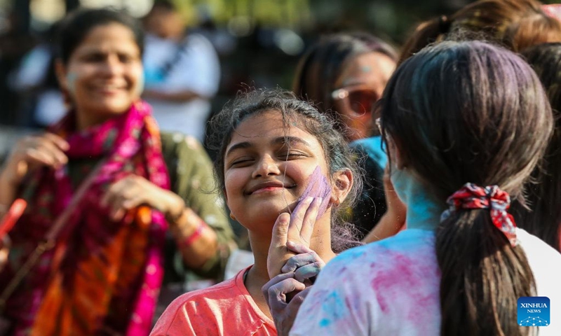 People take part in the celebration during the Holi Festival in Pasay City, the Philippines, March 11, 2023. The Hindu festival Holi, also known as the Festival of Colors, is celebrated by Hindu residents around the world. (Photo:Xinhua)