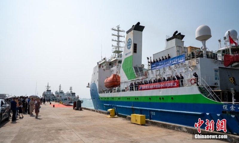 China's scientific research ship Tansuo-1, carrying the deep-sea manned submersible Fendouzhe (Striver), arrives in Sanya, south China's Hainan Province, March 11, 2023. (Photo:ecnsphotos) 