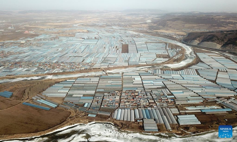 This aerial photo taken on March 11, 2023 shows greenhouses by the Mudanjiang River in Ning'an City of Mudanjiang, northeast China's Heilongjiang Province. In Heilongjiang Province, though the temperature is still low in early spring, villagers are taking advantage of greenhouses to boost agricultural production efficiency and increase their income. (Photo: Xinhua)