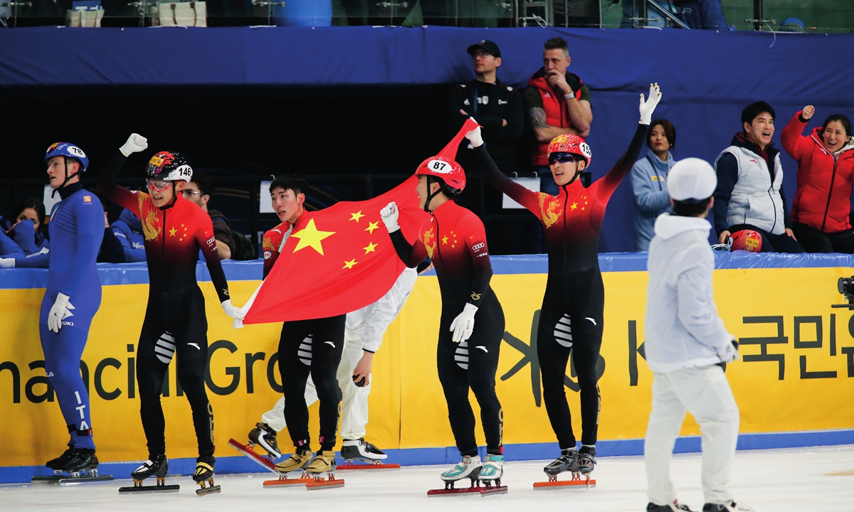 Chinese skaters celebrate after winning the men’s 5,000-meter relay gold at the ISU World Short Track Speed Skating Championships on March 12, 2023 in Seoul, South Korea. The Chinese team of Li Wenlong, Lin Xiaojun, Liu Guanyi and Zhong Yuchen clocked a winning time of seven minutes and 4.412 seconds. Photo: Xinhua