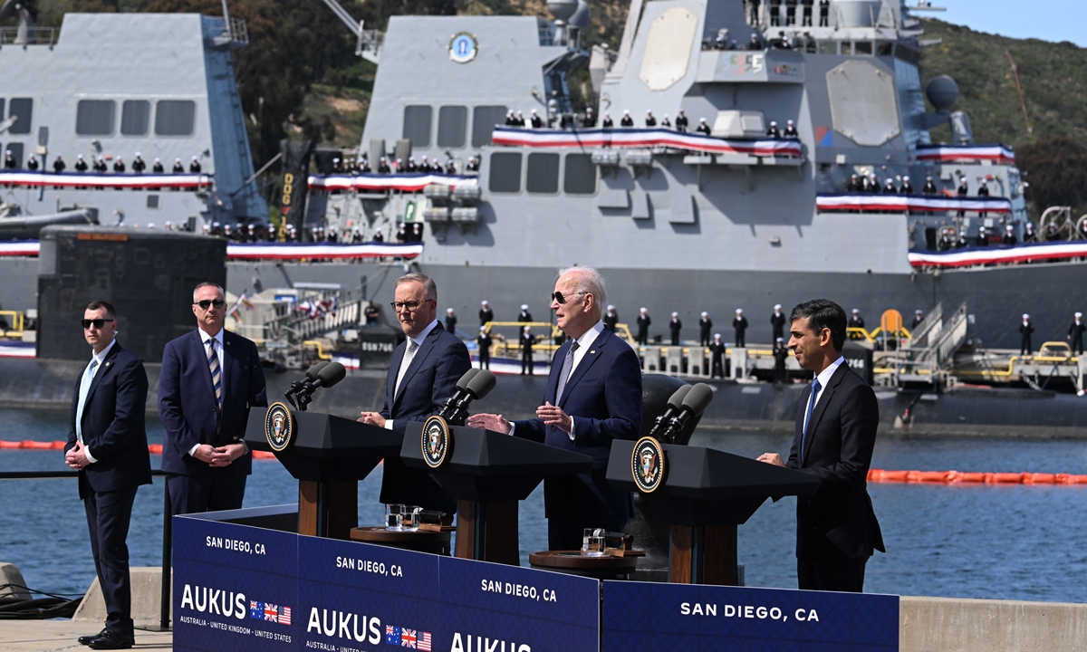 US President Joe Biden (center) speaks alongside British Prime Minister Rishi Sunak (right) and Australian Prime Minister Anthony Albanese at a press conference during the AUKUS summit on March 13, 2023, at Naval Base Point Loma in San Diego, California. AUKUS is a trilateral security pact announced on September 15, 2021 for the Indo-Pacific region (See stories on Pages 3 and 5). Photo: AFP
