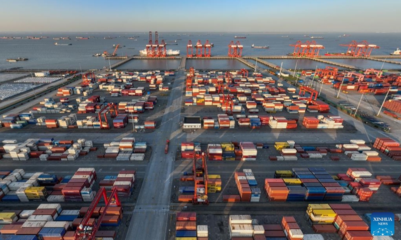 This aerial photo taken on March 13, 2023 shows a container terminal of Taicang Port, east China's Jiangsu Province. Taicang Port in Jiangsu has operated orderly and efficiently. The port saw its foreign trade cargo throughput reach 17.63 million tonnes while the foreign trade container throughput hit 775,000 twenty-foot equivalent units (TEUs) over the first two months this year.  (Photo:Xinhua)