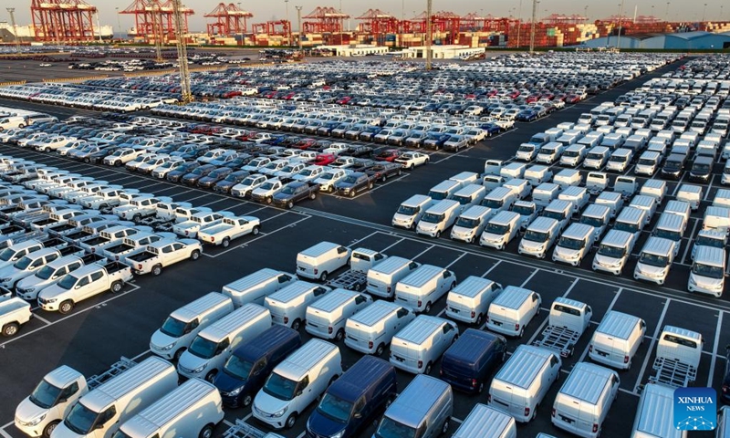 This aerial photo taken on March 13, 2023 shows vehicles at a terminal of Taicang Port, east China's Jiangsu Province. Taicang Port in Jiangsu has operated orderly and efficiently. The port saw its foreign trade cargo throughput reach 17.63 million tonnes while the foreign trade container throughput hit 775,000 twenty-foot equivalent units (TEUs) over the first two months this year. (Photo:Xinhua)