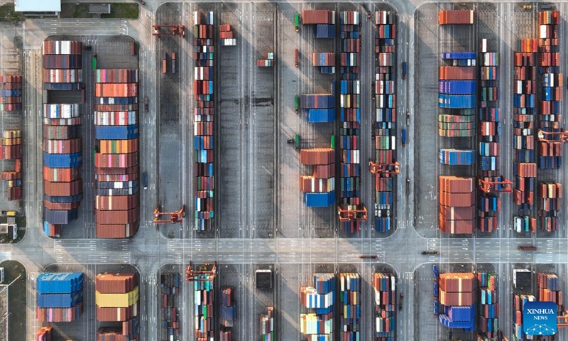 This aerial photo taken on March 13, 2023 shows a container terminal of Taicang Port, east China's Jiangsu Province. Taicang Port in Jiangsu has operated orderly and efficiently. The port saw its foreign trade cargo throughput reach 17.63 million tonnes while the foreign trade container throughput hit 775,000 twenty-foot equivalent units (TEUs) over the first two months this year. (Photo:Xinhua)