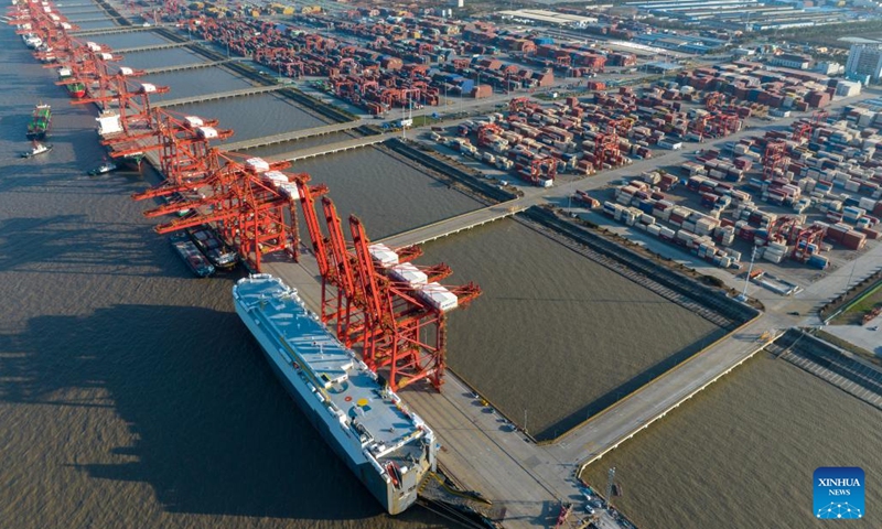 This aerial photo taken on March 13, 2023 shows a container terminal of Taicang Port, east China's Jiangsu Province. Taicang Port in Jiangsu has operated orderly and efficiently. The port saw its foreign trade cargo throughput reach 17.63 million tonnes while the foreign trade container throughput hit 775,000 twenty-foot equivalent units (TEUs) over the first two months this year. (Photo:Xinhua)