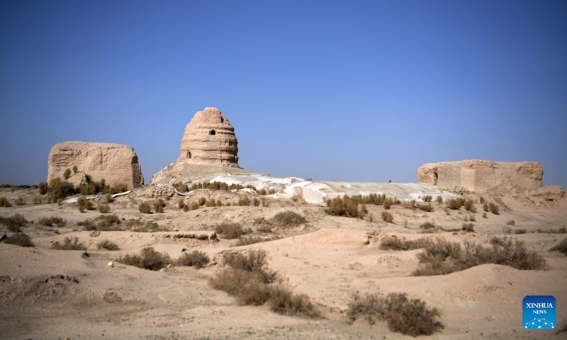 This photo taken on March 16, 2023 shows the Ta'er ancient temple site at the ruins of Suoyang City in Guazhou County, northwest China's Gansu Province. The site of Suoyang City was one of the locations along the Routes Network of Chang'an-Tianshan Corridor of the Silk Road, which was inscribed on the UNESCO World Heritage List in 2014.(Photo: Xinhua)