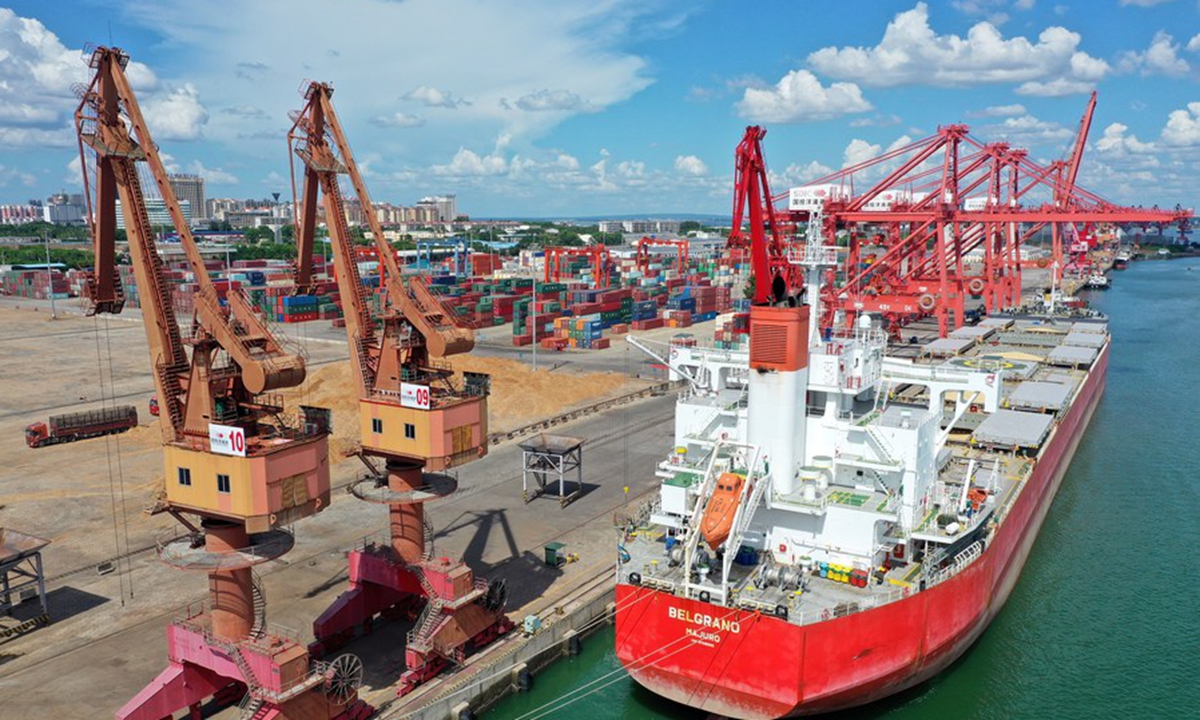 A cargo ship loaded with soya beans from Brazil prepares to unload at Yangpu port in the Yangpu Economic Development Zone in Danzhou, South China's Hainan Province, July 2022. Photo: Xinhua