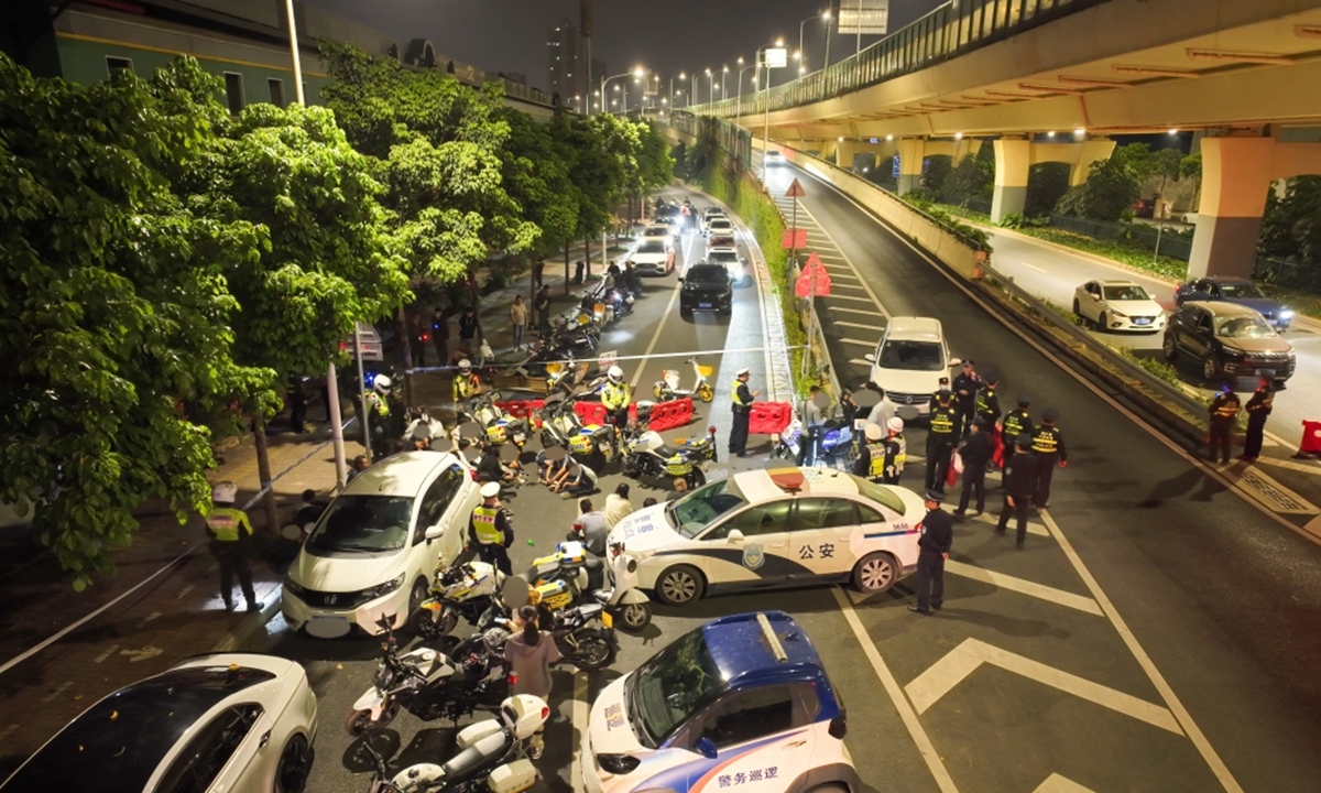 150 street racers are arrested in a raid in Nanning of South China's Guangxi Zhuang Autonomous Region on March 18, 2023. Photo: Nanning Traffic Police.