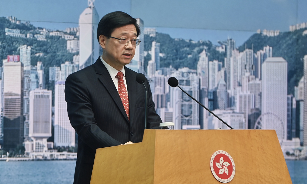 John Lee Ka-chiu, chief executive of the Hong Kong Special Administrative Region, at media session before the Executive Council meeting on March 21, 2023. Lee said Hong Kong will take a more active part in the overall national development and the development of the Guangdong-Hong Kong-Macao Greater Bay Area. Photo: cnsphoto