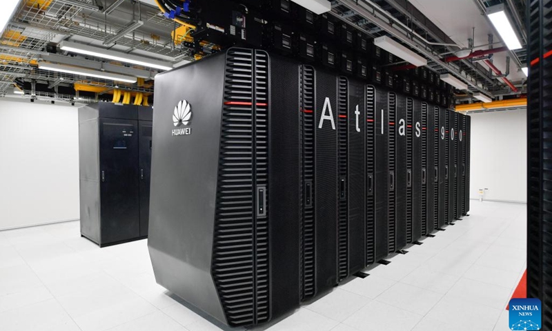 This photo taken on March 20, 2023 shows the servers at Tianjin Artificial Intelligence Computing Center in north China's Tianjin. The Tianjin Artificial Intelligence Computing Center was inaugurated in Tianjin recently. The first batch of 100 petaflops of computing power has been fully loaded and put into operation, and an additional 200 petaflops will be added in the future, providing inclusive public computing services for artificial intelligence (AI) application enterprises, universities and scientific research institutions.(Photo: Xinhua)
