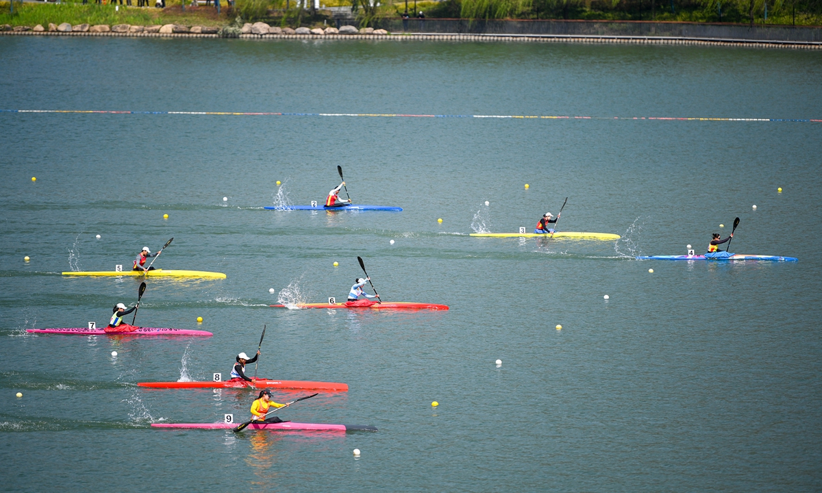 Top athletes from all over China gather at the Fuyang Water Sports Center in Hangzhou, East China's Zhejiang Province to compete in National Canoe Sprint Spring Championships 2023 on March 28, 2023. Photo: VCG