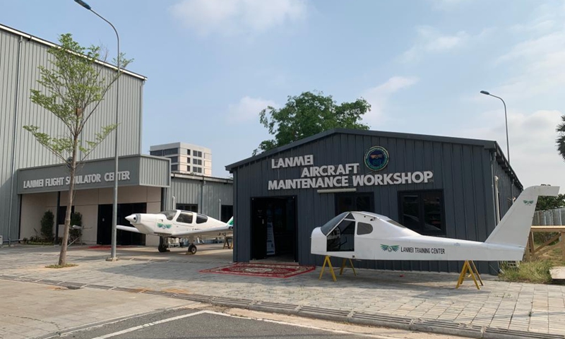 This photo taken on March 21, 2023 shows the Lanmei flight simulator center and the Lanmei aircraft maintenance workshop in Phnom Penh, Cambodia.(Photo: Xinhua)