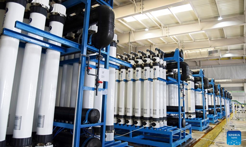 This photo taken on March 20, 2023 shows an interior view of a seawater desalination plant in Qingdao, east China's Shandong Province. In recent years, Qingdao has vigorously developed the seawater desalination industry. Through the establishment of large-scale seawater desalination bases and connecting desalinated water to the municipal pipeline network, the city's water resources have been effectively supplemented.(Photo: Xinhua)