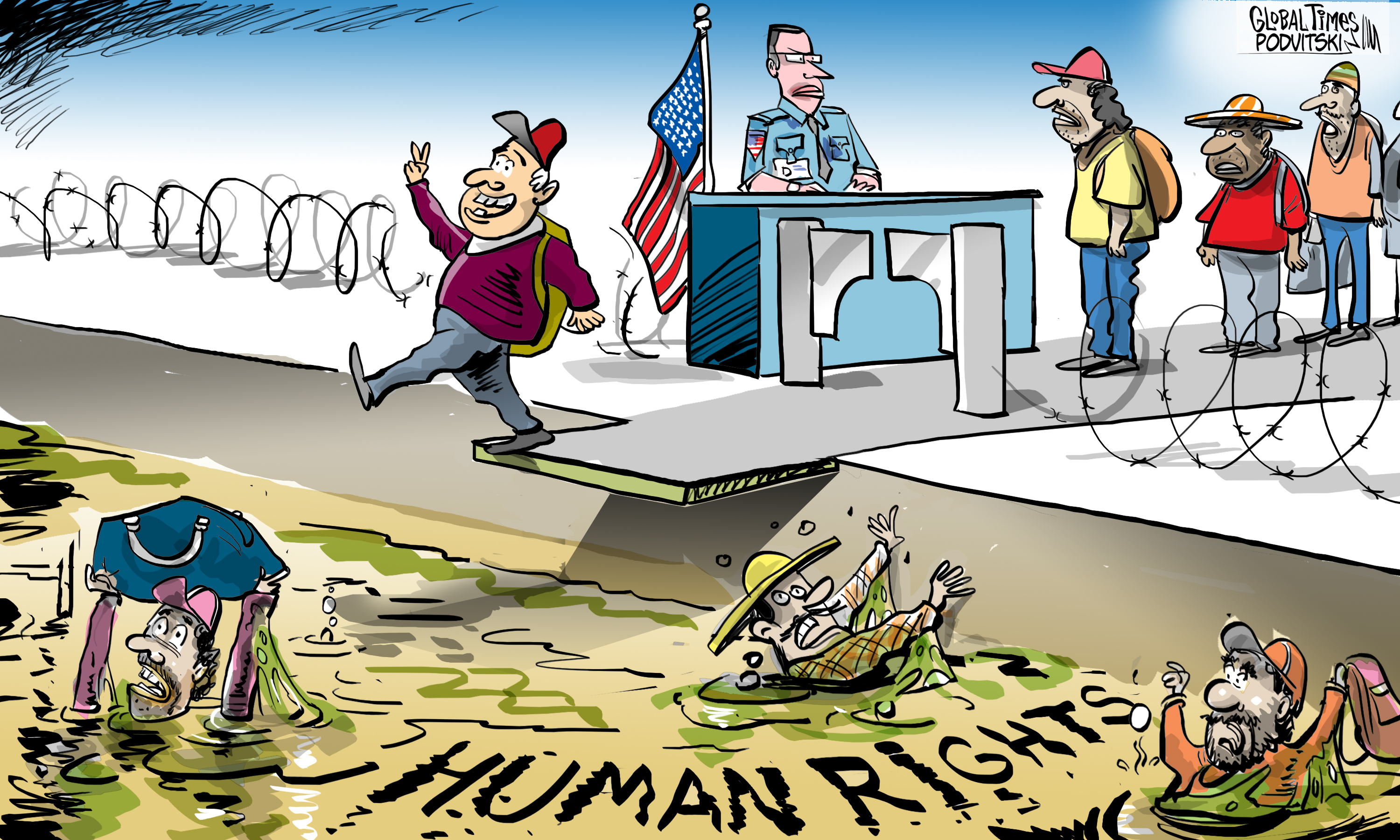 Are migrants on a pathway to the American Dream or a human rights nightmare? Cartoon: Vitaly Podvitski