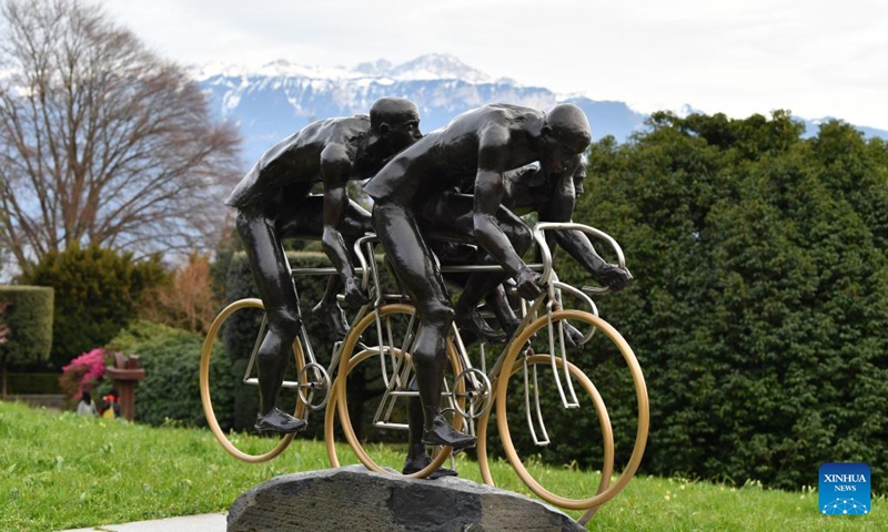 A sport-themed sculpture is seen at the International Olympic Museum in Lausanne, Switzerland, March 21, 2023. (Xinhua/Lian Yi)