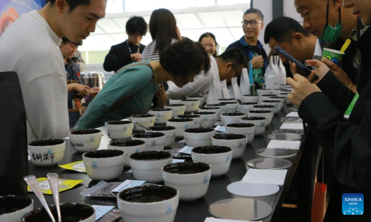This photo taken on March 16, 2023 shows a cupping event for Yunnan specialty coffee at the 8th China Coffee Brewers Cup in Baoshan, southwest China's Yunnan Province. Photo:Xinhua