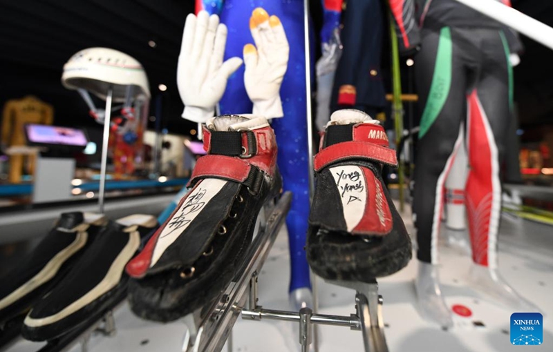 Equipment for short track speed skating belonging to Yang Yang, China's first Winter Olympic gold medalist, is displayed at the International Olympic Museum in Lausanne, Switzerland, March 21, 2023. (Xinhua/Lian Yi)