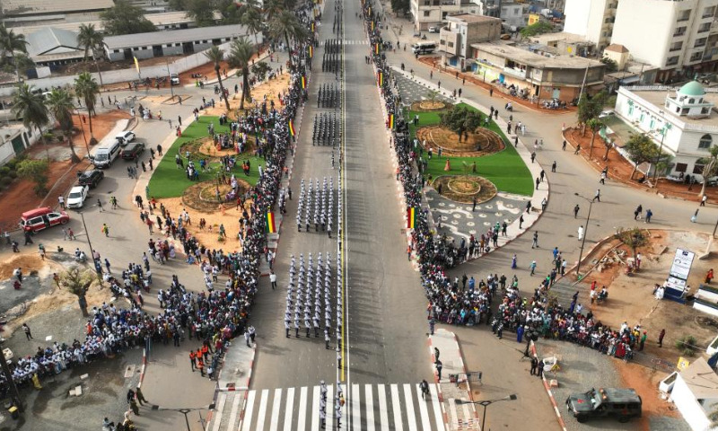 This aerial photo taken on April 4, 2023 shows a view of a military parade in Dakar, Senegal. Senegal marked its 63rd anniversary of independence with a military parade on Tuesday. (Photo by Matar Ndoye/Xinhua)