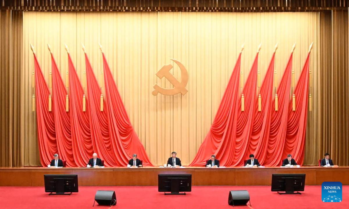 Xi Jinping, general secretary of the Communist Party of China Central Committee, also Chinese president and chairman of the Central Military Commission, delivers an important speech at a working conference on the education campaign on the study and implementation of the Thought on Socialism with Chinese Characteristics for a New Era in Beijing, capital of China, April 3, 2023. Li Qiang, Zhao Leji, Wang Huning, Cai Qi, Ding Xuexiang, Li Xi and Han Zheng attended the conference on Monday. (Xinhua）