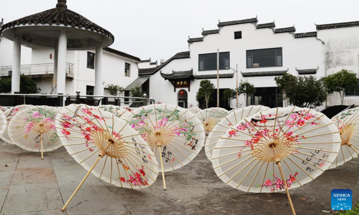 This photo taken on March 1, 2023 shows oil-paper umbrellas at a factory making Jialu oil-paper umbrella, a traditional Chinese handicraft with a history of over 800 years, in Wuyuan County, east China's Jiangxi Province. Photo:Xinhua