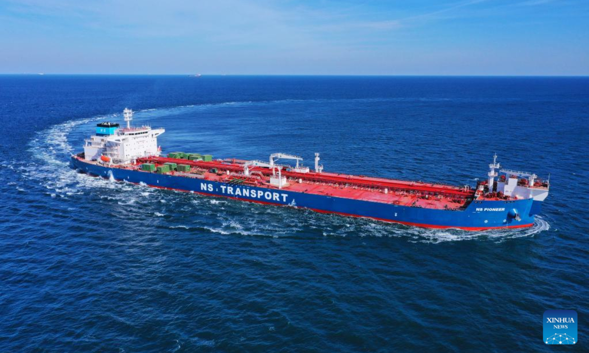 This photo taken in February 2023 shows NS Pioneer, a shuttle tanker with a loading capacity of 155,000 tonnes, in Dalian, northeast China's Liaoning Province. NS Pioneer, a shuttle tanker with a loading capacity of 155,000 tonnes, was delivered to its customer on Thursday, in northeast China's harbor city of Dalian, said the shipbuilder. Photo:Xinhua