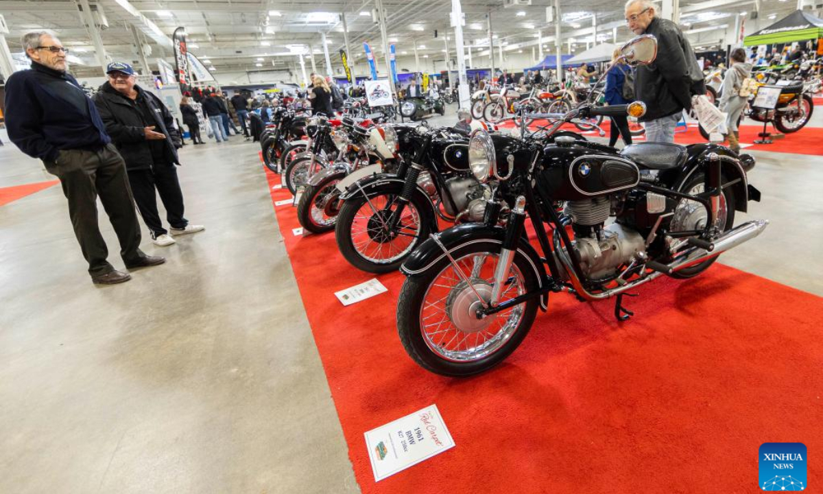People look at a custom motorcycle during the 2023 Toronto International Spring Motorcycle Show in Mississauga, the Greater Toronto Area, Canada, on April 2, 2023. Photo:Xinhua