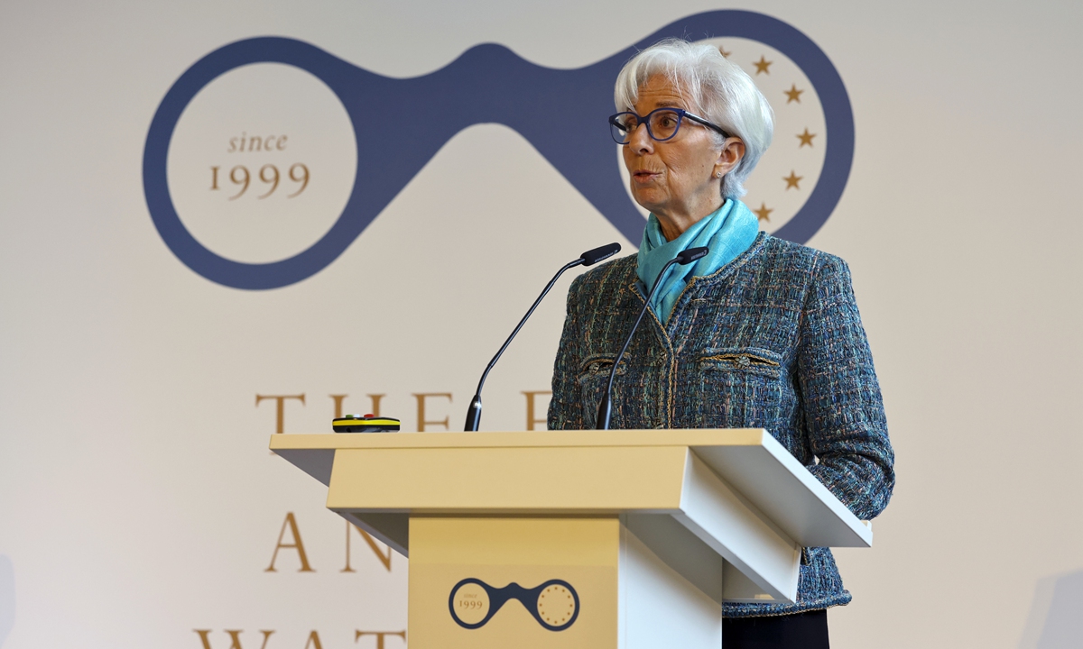 President of the European Central Bank (ECB) Christine Lagarde at ECB And Its Watchers conference in Frankfurt, Germany, on March 22, 2023. The ECB will take a robust approach that allows it to respond to inflation risks as needed but also aid financial markets if threats emerge, according to Lagarde.  Photo: VCG