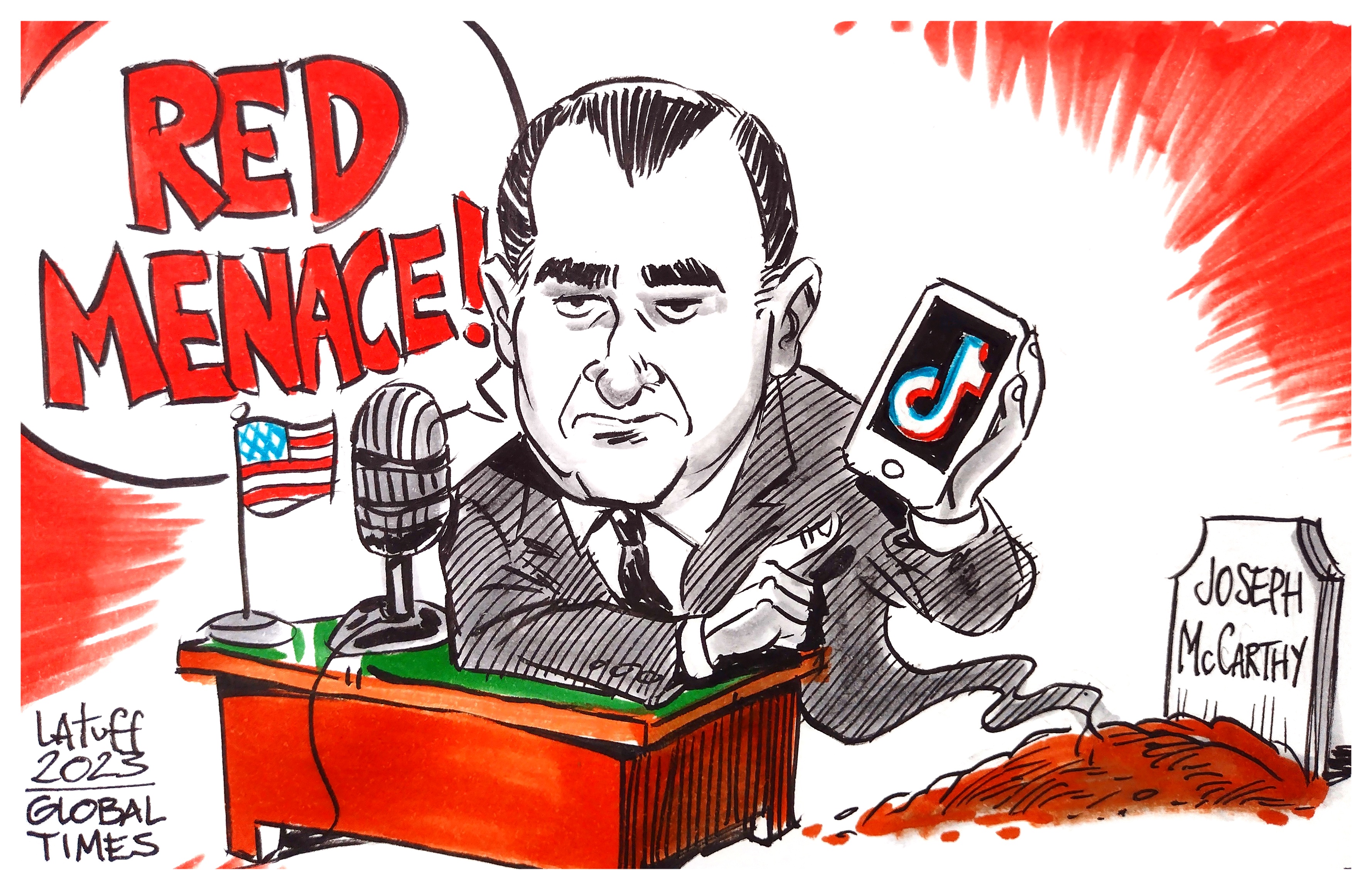 Ghost of McCarthyism haunts TikTok Hearing. Cartoon: Carlos Latuff