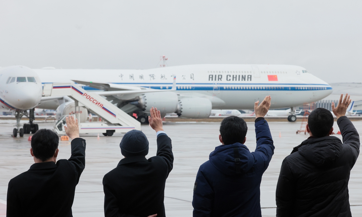 A send-off ceremony for Chinese President Xi Jinping takes place at Vnukovo-2 Government Terminal of Vnukovo International Airport, Moscow, on March 22. Photo: VCG
