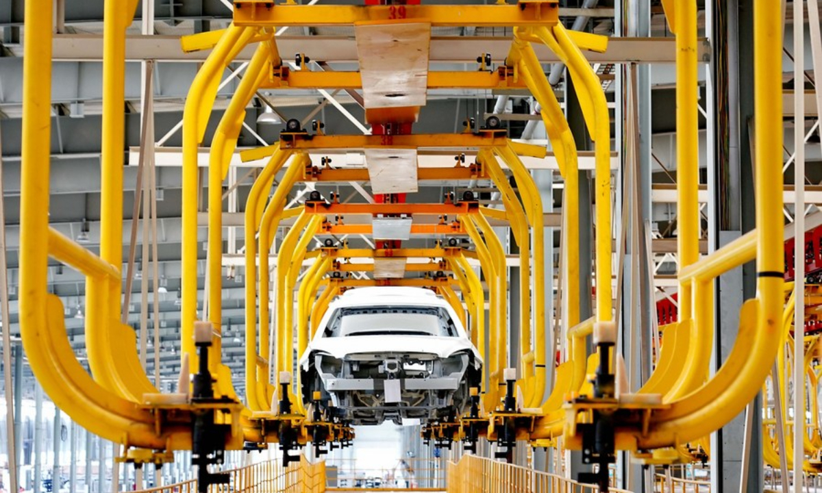 Photo taken on July 6, 2019 shows a production line at a subsidiary of Beijing Electric Vehicle Co., Ltd. (BJEV), a new energy vehicle producer, in Huanghua city of Cangzhou, north China's Hebei Province. Photo:Xinhua