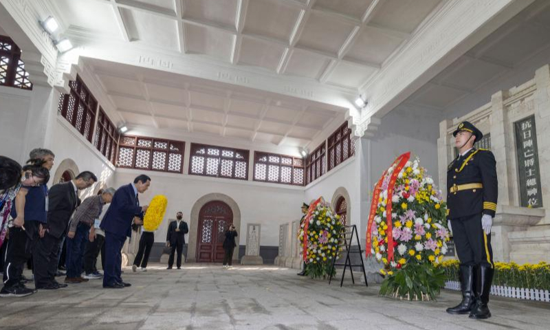 Ma Ying-jeou, former chairman of the Chinese Kuomintang (KMT) party, visits a memorial hall dedicated to military officers and soldiers who sacrificed their lives during the Chinese People's War of Resistance Against Japanese Aggression in Hengyang, central China's Hunan Province, April 1, 2023. (Xinhua)